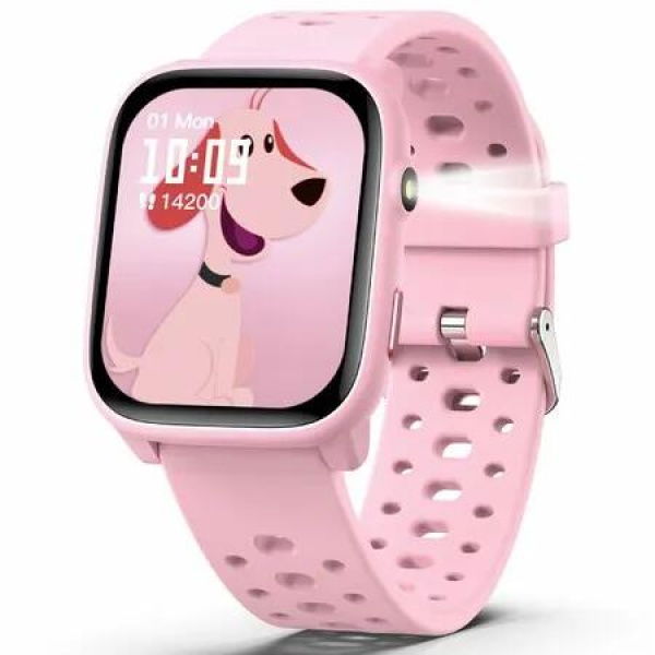 Kids Smart Watches Girls Gift Age 3+ with 12 Puzzle Games,Sleep Monitor,Pedometer,Flashlight,1.83In Touchscreen IP68 Waterproof Brithday Gift Pink