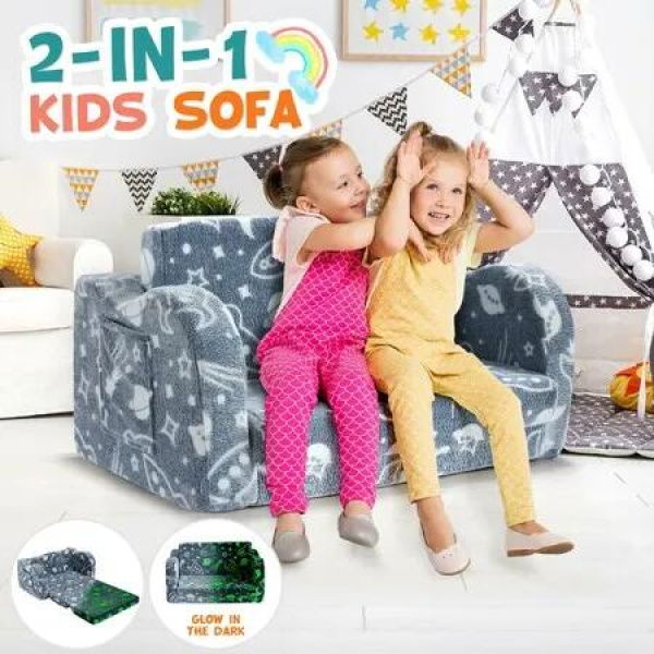 Kids Sofa Flip Out Lounger 2 In 1 Convertible Couch Comfy Chair Armchair Toddler Bed Soft Cushion Playroom Glow in the Dark