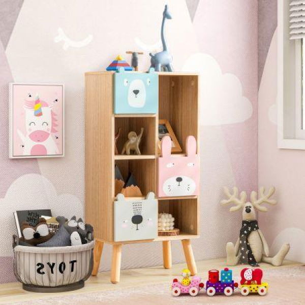 Kids Storage Cabinet With 4 Cubbies & 3 Drawers For Books & Toys.