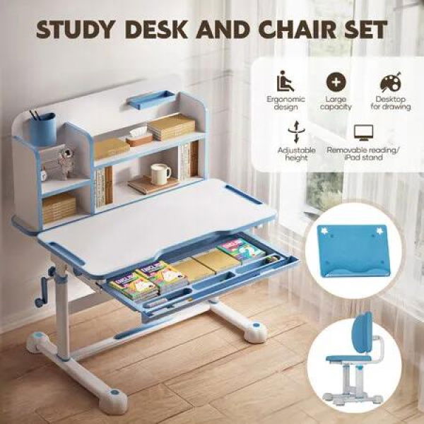 Kids Study Desk Chair Set Ergonomic School Student Table Height Adjustable Seat with Tilt Desktop Storage Shelf Drawer for Writing Drawing Learning