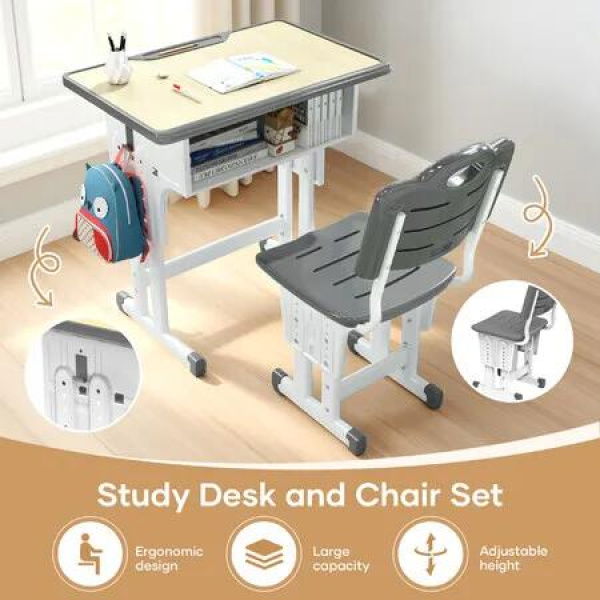 Kids Table and Chair Set Height Adjustable Toddler Study Desk Computer Seat Ergonomic Childrens School Students Writing Learning Stationery Storage