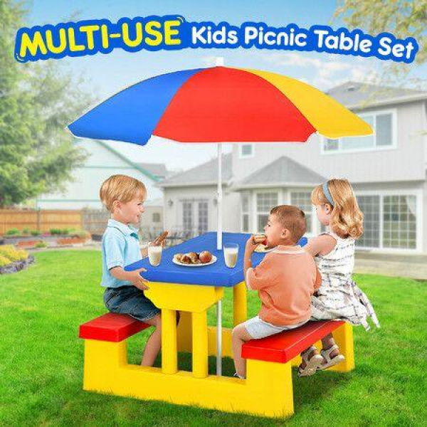 Kids Table And Chairs Toddler Childrens Picnic Activity Desk Outdoor Play Bench Set Furniture Portable Plastic With Umbrella