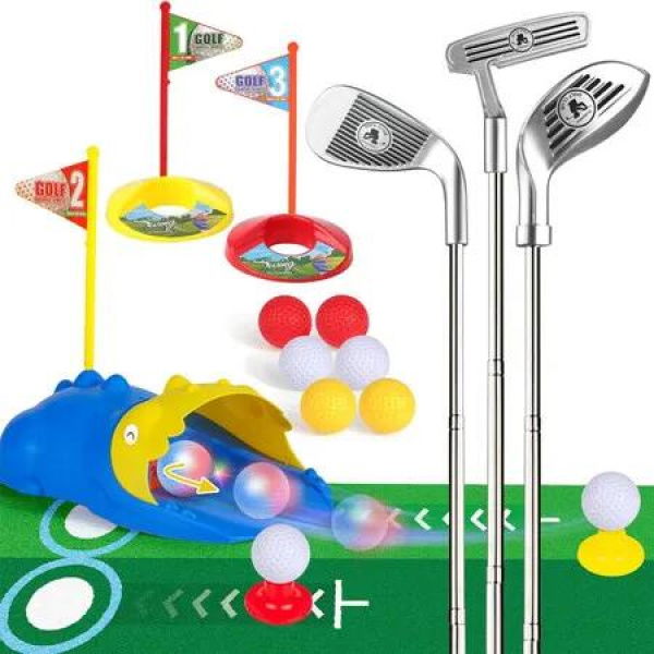 Kids Toy Golf Club Set with Automatic Ball Returner,Led Light Up Night Golf Balls,Golf Putting Mat,3-5 Toddler Mini Golf Games,Aged 3+