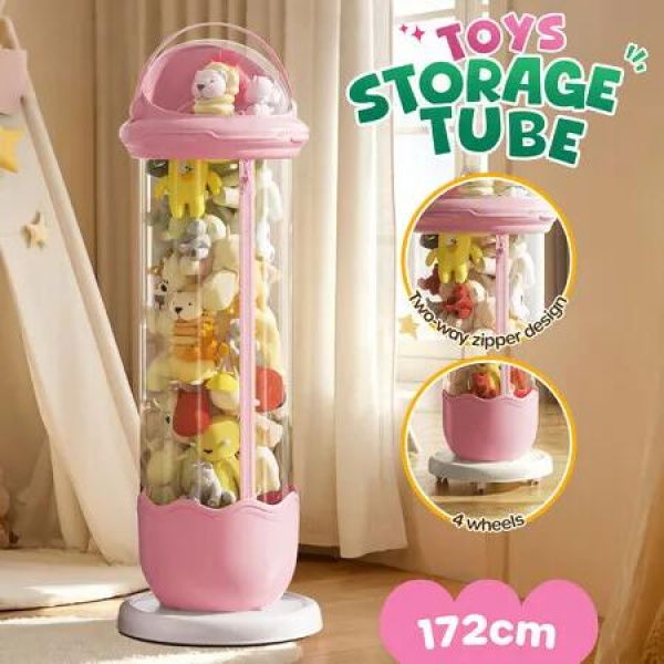 Kids Toys Storage Tube Box Stuffed Animal Zoo Plush Soft Doll Organiser Playroom Display Cabinet Holder Container Vertical Stand with Wheels 172x31cm Pink