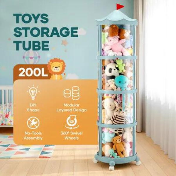 Kids Toys Storage Tube Box Stuffed Animal Zoo Plush Soft Doll Stuffies Display Cabinet Bedroom Playroom Organiser Vertical Container Wheels 178x38cm