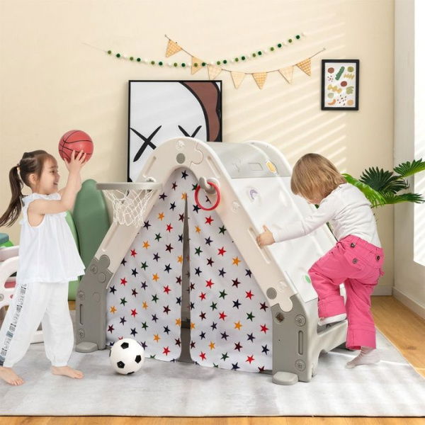 Kids Triangle Climber With Tent Cover & Whiteboard & Basketball Hoop & Soccer Gate.