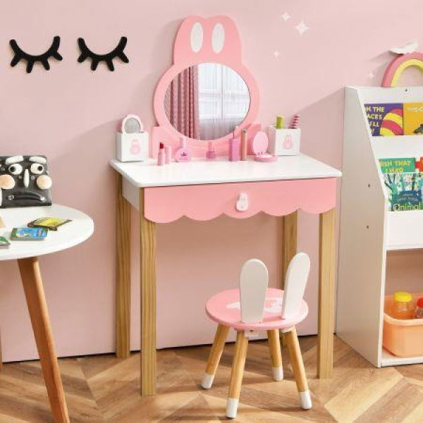 Kids Vanity Table & Chair Set With Rabbit Mirror & Storage Drawer.