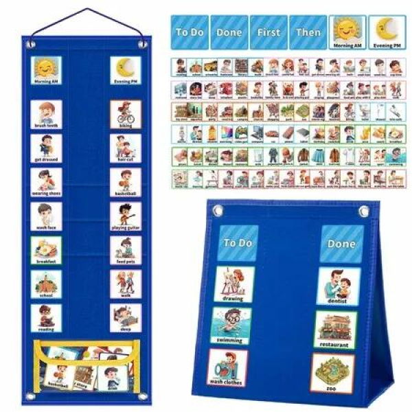 Kids Visual Schedule Calendar Chart 2 in 1 Autism Daily Chore Routine Chart with 96 Cards Autism Learning Materials Bedtime Routine for Home School