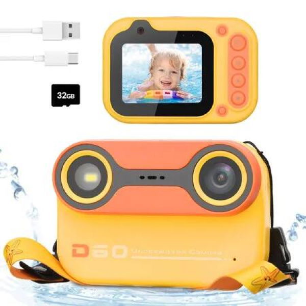 Kids Waterproof Digital Camera Underwater Camera for Snorkeling and Diving with 2.4In IPS Display USB Rechargeable Digital Camera with 32GB Card Yellow