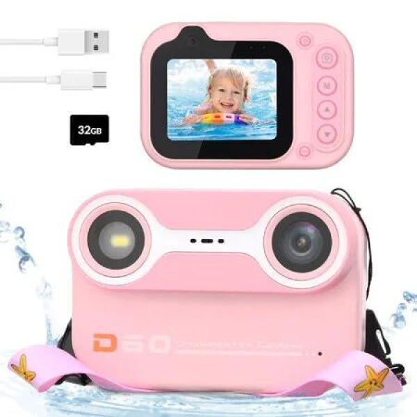 Kids Waterproof Digital Camera Underwater Camera with 2.4In IPS Display USB Rechargeable Digital Camera with 32GB Card Pink