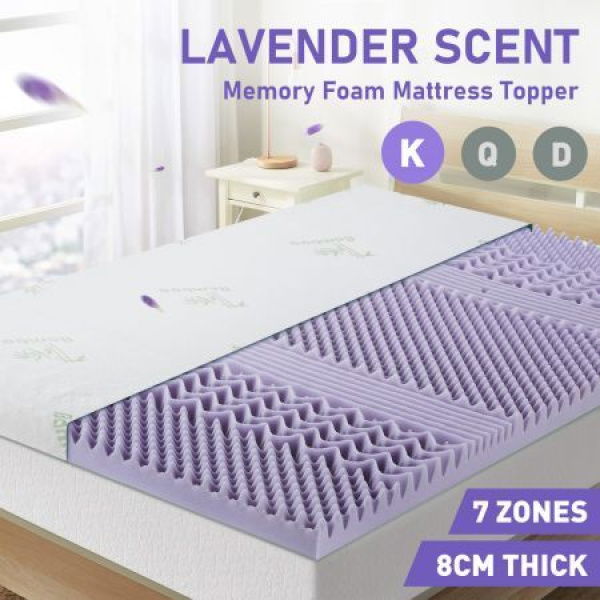 King Size Mattress Memory Foam Bed Topper Underlay Lavender Scent 8CM With Bamboo Cover