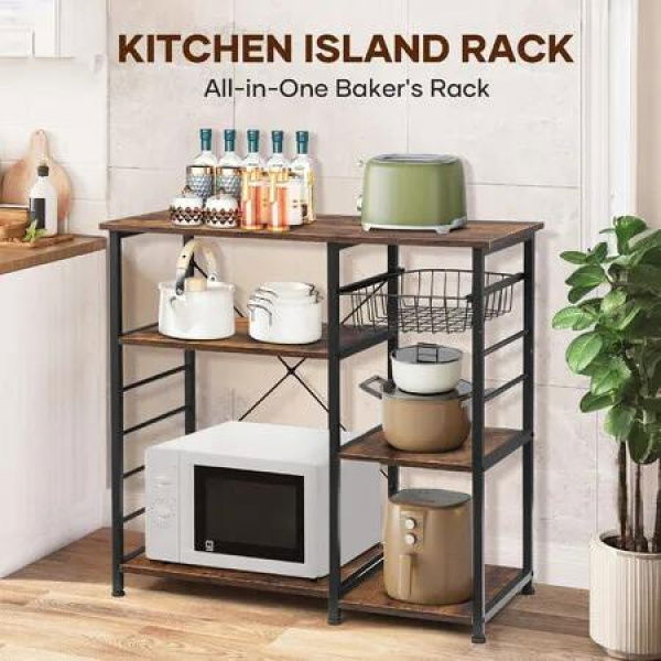 Kitchen Bakers Rack Coffee Bar Table Storage Shelf Cabinet Microwave Stand Dining Utility Organiser Unit for Cutlery Pots Pans with Pull Out Basket