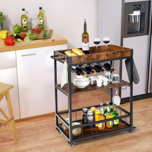 Kitchen Cart With Removable Top Tray & Wine Rack & Glass Holder.