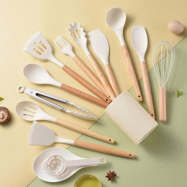 Kitchen Cooking Utensil Set, 14 Pieces Non-Stick Silicone Cooking, Wooden Handle Silicone Heat Resistant Cooking Utensils Set (Khaki)