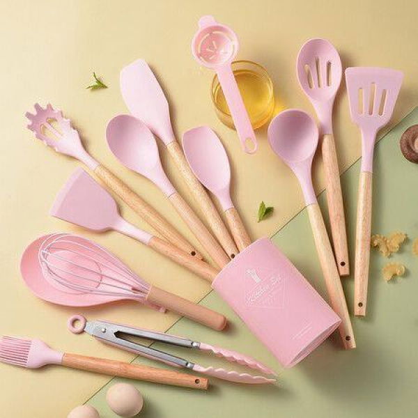 Kitchen Cooking Utensil Set, 14 Pieces Non-Stick Silicone Cooking, Wooden Handle Silicone Heat Resistant Cooking Utensils Set (Pink)