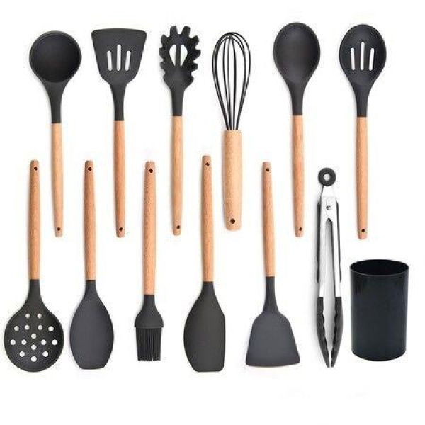 Kitchen Cooking Utensils Set 13 Pcs Non-stick Silicone Cooking Kitchen Utensils Spatula Set With Holder Wooden Handle Silicone Kitchen Gadgets Utensil Set (Black Gray)