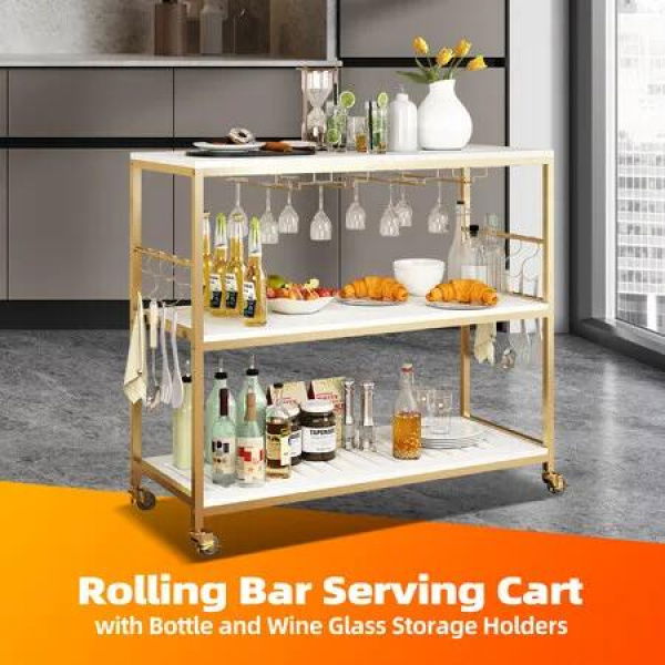 Kitchen Island Trolley Portable Bar Cart Wine Rack Drinks Glass Bottle Holder Shelf Storage Organizer Coffee Tea Liquor Serving Utility Stand on Wheels