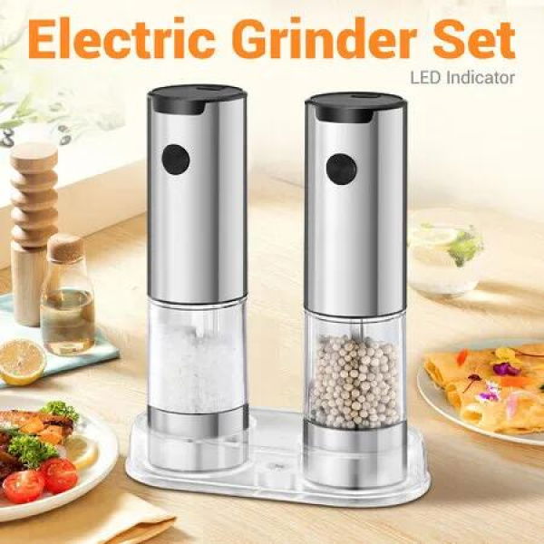 Kitchen Salt and Pepper Grinder Set Stainless Steel Electric Spice Mill Shaker Blender Refillable Automatic Ceramic Grinding Battery Powered 2 Pieces