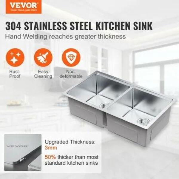 Kitchen Sink 304 Stainless Steel Drop-In Sinks Undermount Double Bowls Basin with Ledge and Accessories Household Dishwasher Sinks for Workstation RV