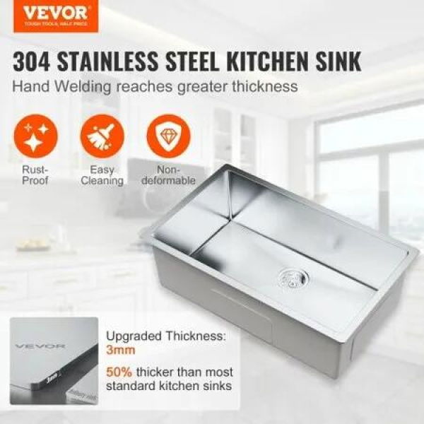 Kitchen Sink 304 Stainless Steel Drop-In Sinks Undermount Single Bowl Basin with Accessories(Pack of 3) Household Dishwasher Sinks for Workstation RV Prep