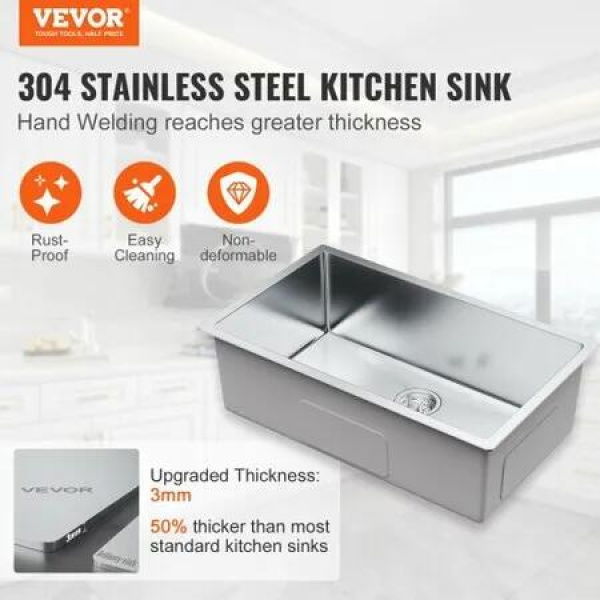 Kitchen Sink 304 Stainless Steel Drop-In Sinks Undermount Single Bowl Basin with Accessories(Pack of 3) Household Dishwasher Sinks for Workstation RV