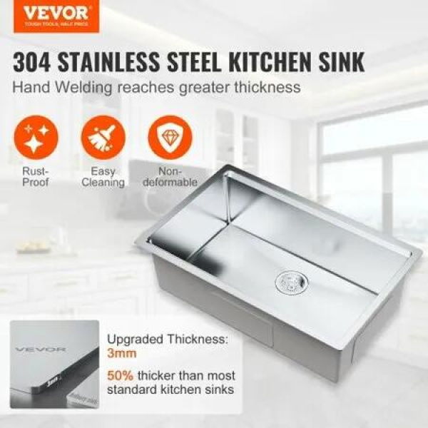 Kitchen Sink 304 Stainless Steel Drop-In Sinks Undermount Single Bowl Basin with Ledge and Accessories Household Dishwasher Sinks for Workstation RV