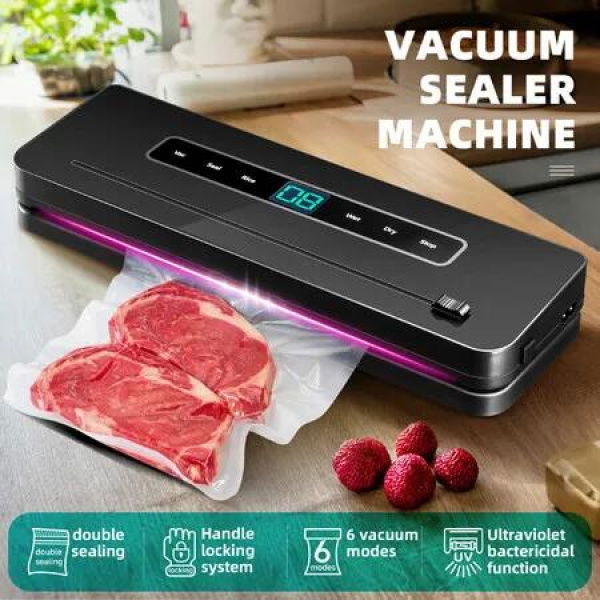 Kitchen Vacuum Sealer Fresh Meat Dry Wet Food Saver Storage Machine Sous Vide Heat Packing 80Kpa 120W Countertop Auto UV Airtight Vac Jar with Bags