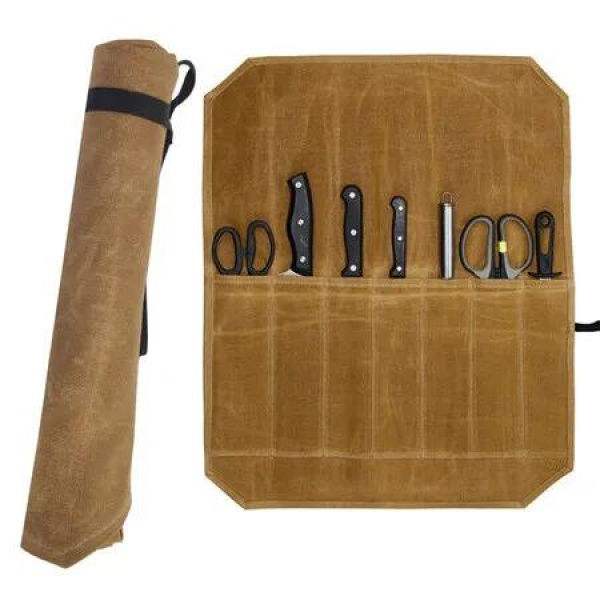 Knife Roll Bag with 7 Slots, Portable Knife Storage Case Knife Carrier for Home Camping Picnic Chefs Cooking Lovers, Khaki (Bag Only)