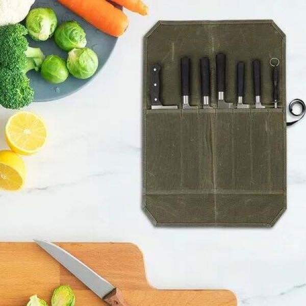 Knife Roll Heavy Duty Bag Waxed Canvas Chef Case 6 Slots Fold Up Cutlery Holder Cooking Utensils Carrying Protectors Durable Kitchen Storage
