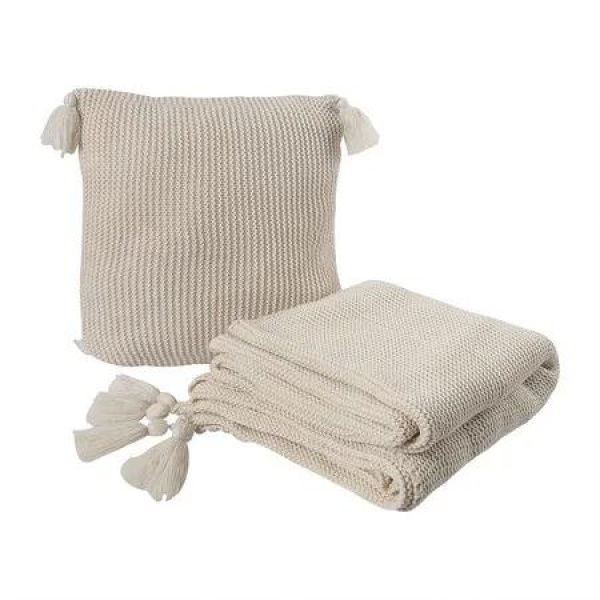 Knitting Throw Blanket Cushion Beige