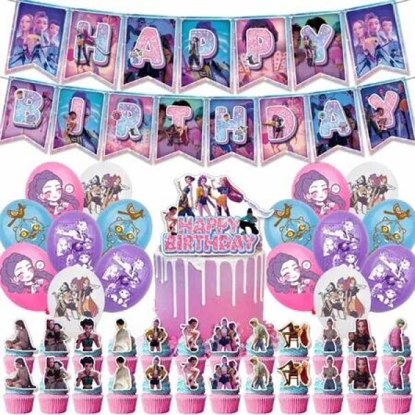 Kpop De-mon Birthday Party Decorations Supplies,Happy Birthday Banner,Balloons,Cake Toppers Cupcake Toppers