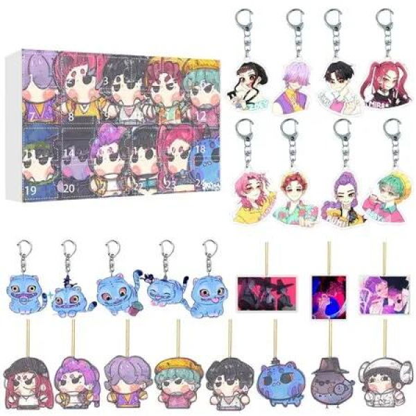 KPOP Demon Hunters Christmas Countdown Advent Calendar 2D Flat Pendant Keychain 24 Day Hanging Ornaments For Chrisimas Gift Decoration