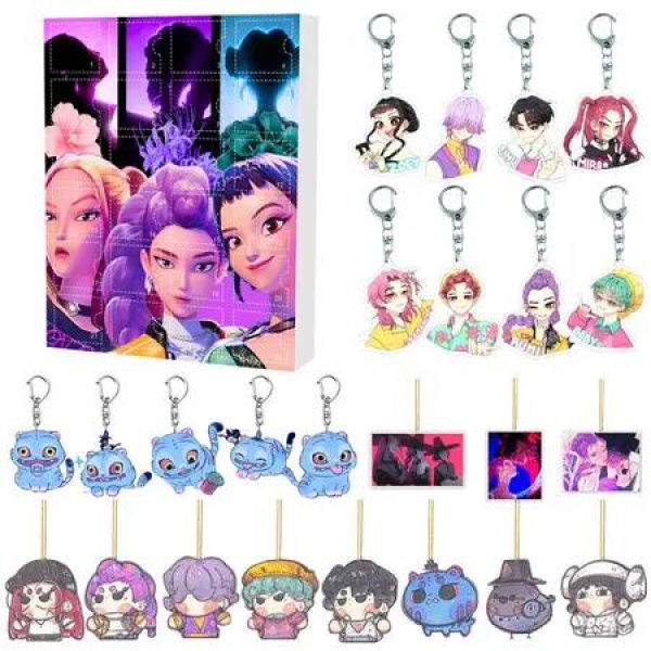 KPOP Demon Hunters Christmas Countdown Advent Calendar 2D Flat Pendant Keychain 24 Day Hanging Ornaments For Chrisimas Gift Decoration
