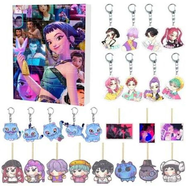 KPOP Demon Hunters Christmas Countdown Advent Calendar 2D Flat Pendant Keychain 24 Day Hanging Ornaments For Chrisimas Gift Decoration