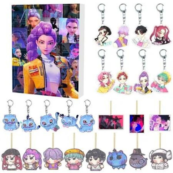 KPOP Demon Hunters Christmas Countdown Advent Calendar 2D Flat Pendant Keychain 24 Day Hanging Ornaments For Chrisimas Gift Decoration