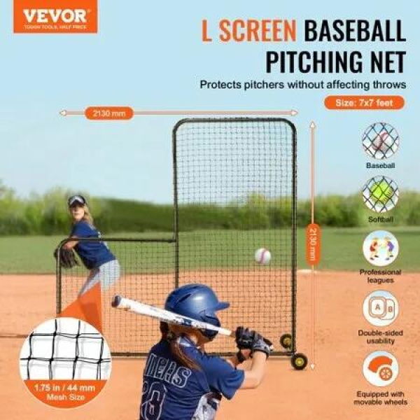 L Screen Baseball for Batting Cage 7x7 ft Softball Safety Screen Body Protector Portable Batting Screen with Carry Bag Wheels Ground Stakes Heavy Duty