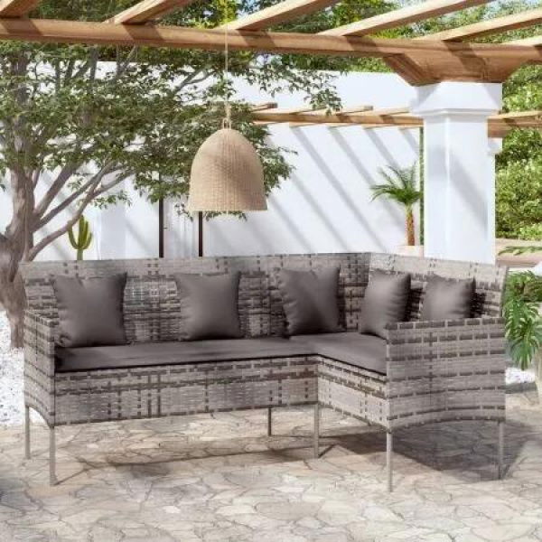 L-shaped Couch Sofa with Cushions Poly Rattan Grey