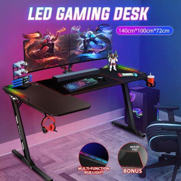 L Shaped Gaming Desk Computer Office Racer Table Desktop RGB LED Carbon Fiber 140CM