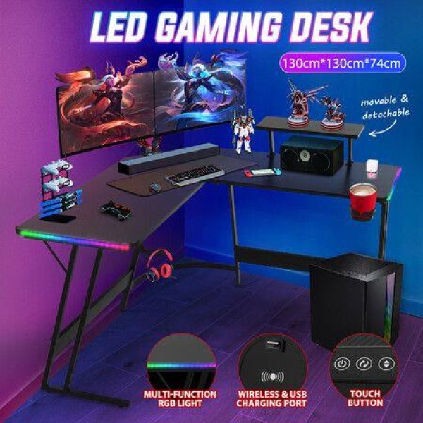 L Shaped Gaming Desk Computer Office Workstation Gamer Desktop 130cm Corner Carbon Fiber Writing Racer Table RGB LED Wireless Charger USB Port