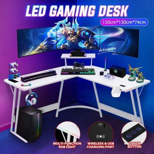 L Shaped Gaming Desk Computer Table Corner Office Gamers Workstation Racer LED RGB White Carbon Fibre Wireless Charger USB