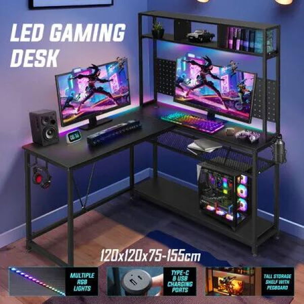 L Shaped Gaming Desk Corner Computer Work Office Study Table Home Furniture Writing Workstation Carbon Fibre with RGB LED Light Shelves Pegboard USB