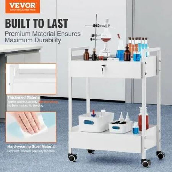 Lab Cart 2 Tiers Stainless Steel Utility Cart Medical Cart with 2 Drawers Rolling Lab Cart White Paint Serving Cart with Swivel Casters for Laboratory Hospital Dental Salon and Beauty