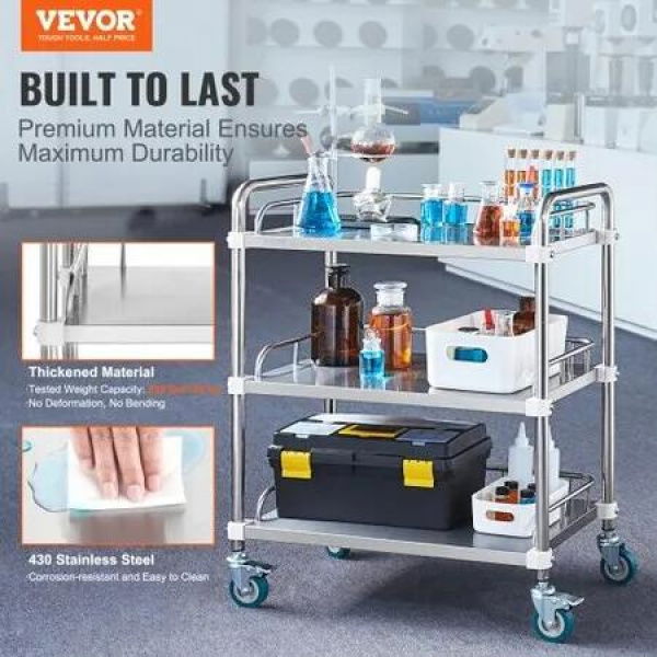 Lab Rolling Cart 3-Shelf Stainless Steel Rolling Cart Lab Serving Cart with Swivel Casters Dental Utility Cart for Clinic Lab Hospital Salon