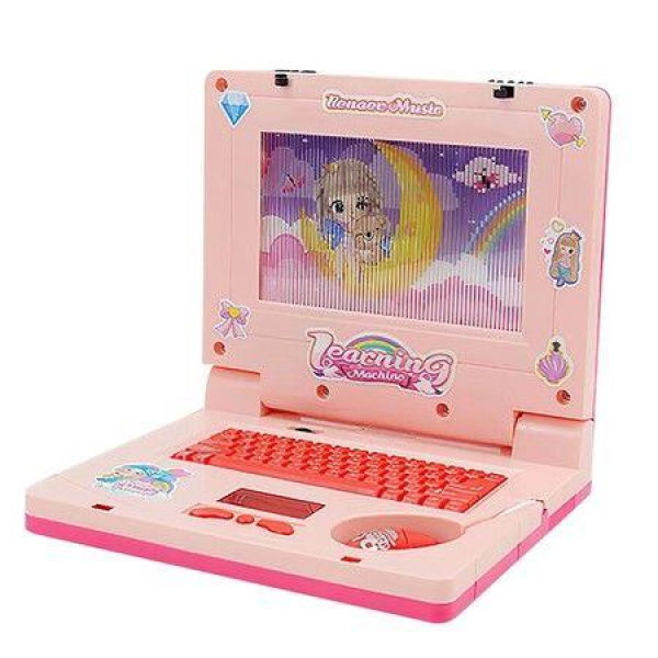 Laptop Educational Learning Computer, Simulator Notebook Toy Intelligence Early Education With Light And Music Child Gift , LCD Screen, Keyboard and Mouse Included (Pink)