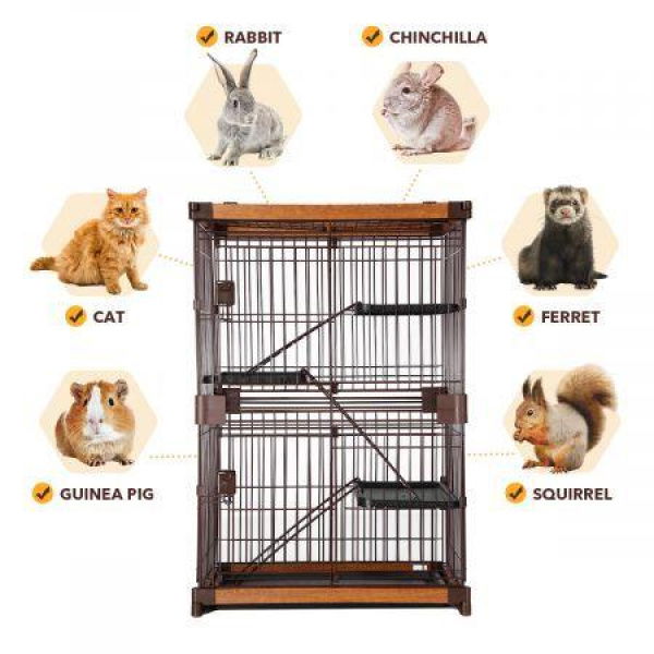 Large 3-Tier Sturdy Wire Steel Pet Cage Cat House With WPC Frame 2 Security Doors And Slide Out Tray.