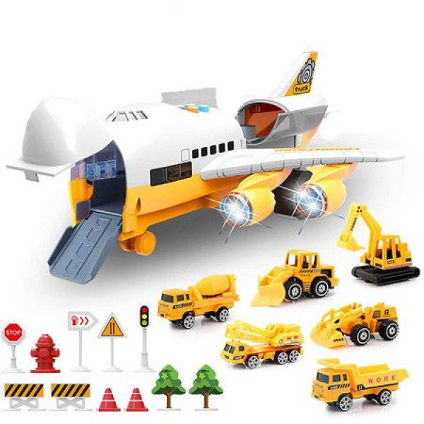 Large Airplane Toy With 6 Construction Trucks Set For 3 Year Old Kids