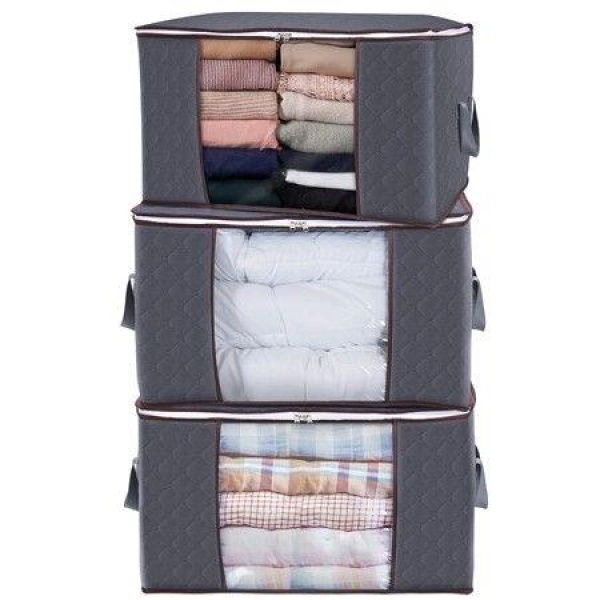 Large Capacity Clothes Storage Bag Organizer Blankets Bedding Foldable With Sturdy Zipper Clear Window 3 Pack 90L Grey