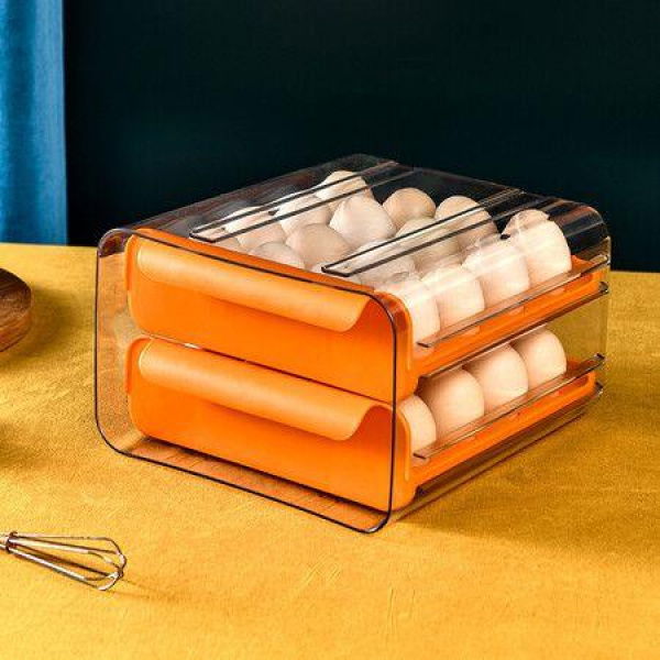 Large Capacity Egg Holder For Refrigerator Egg Storage Container Stackable Clear Plastic (Orange-2 Layer)