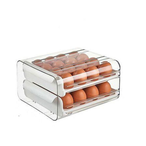 Large Capacity Egg Holder For Refrigerator Egg Storage Container Stackable Clear Plastic (White-2 Layer)