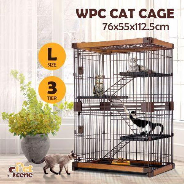 Large Cat Cage Rabbit Hutch Bunny Crate Ferret Kennel House Pet Enclosure Home WPC Frame Wired 3 Tiers